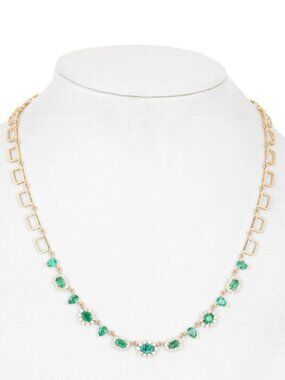 Gemstone Emerald 14K (or 18k upon request) Yellow Gold Diamond Link Necklace